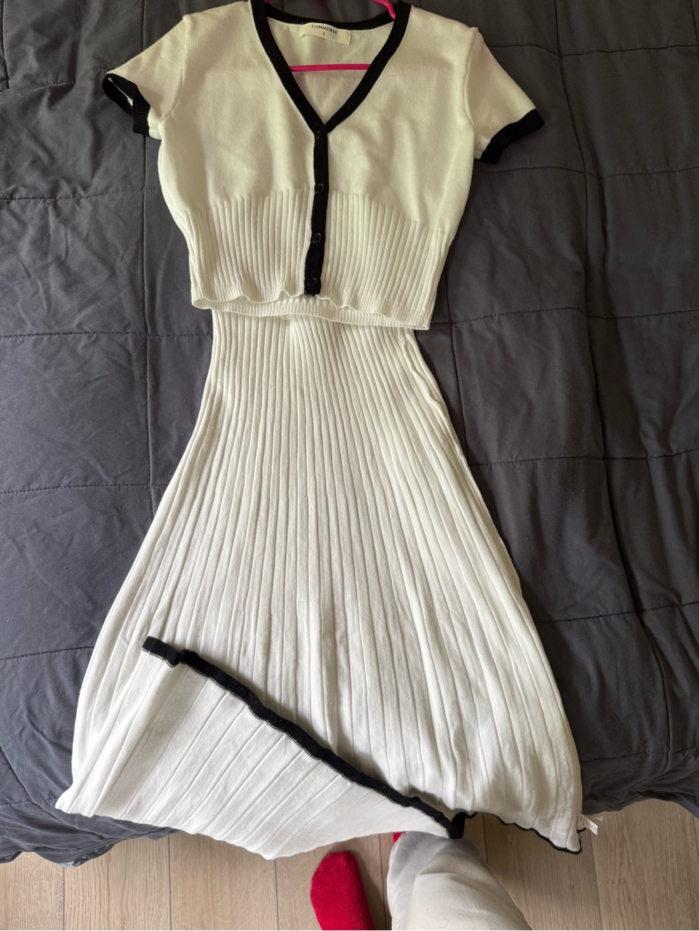 Commense White Ribbed Knit Midi Dress Set with Black Trim